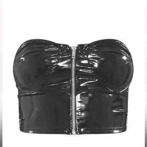 Black Vinyl Zip Through Bandeau Top